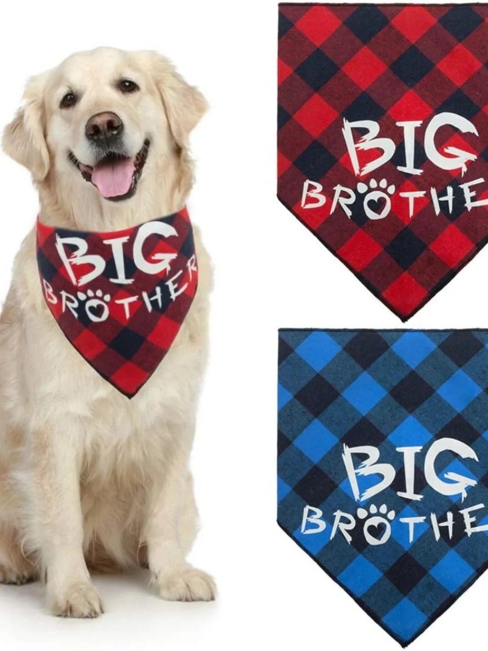 2 BIG BROTHER DOG BANDANAS BUFFALO PLAID PET PREGNANCY ANNOUNCEMENT SCARFS